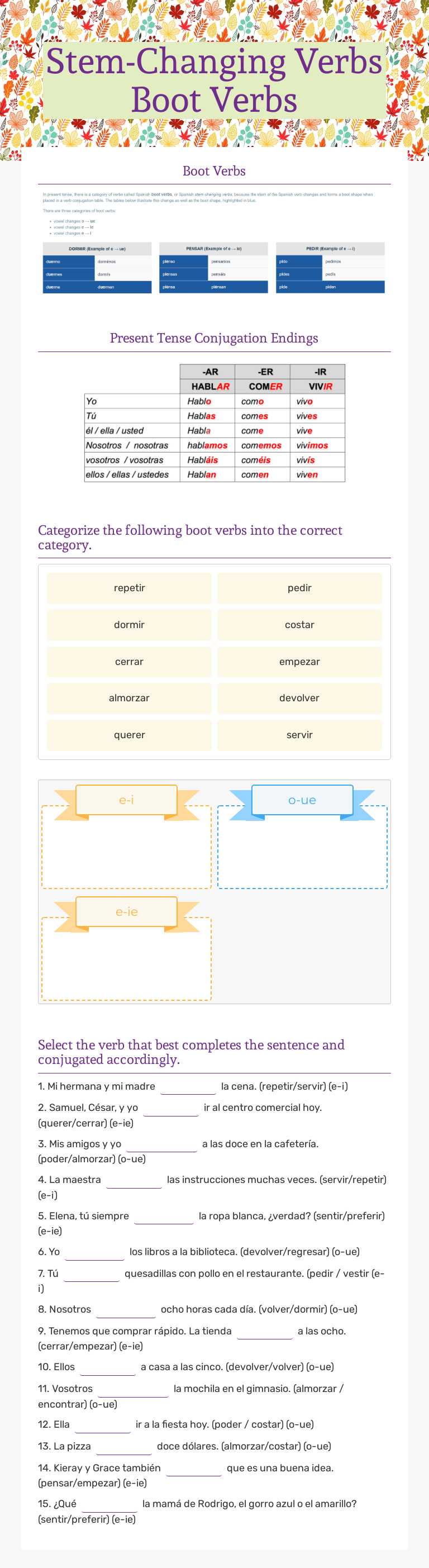Stem-Changing Verbs Boot Verbs worksheet preview image