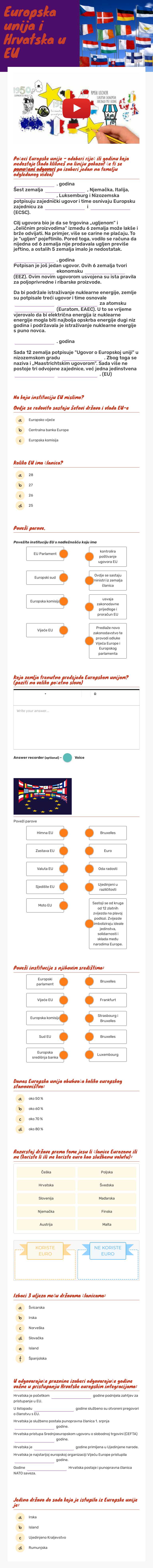Europska unija i Hrvatska u EU worksheet preview image