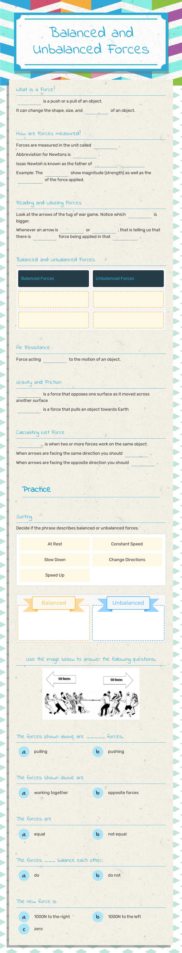 Balanced and Unbalanced Forces Grade 6 worksheet preview