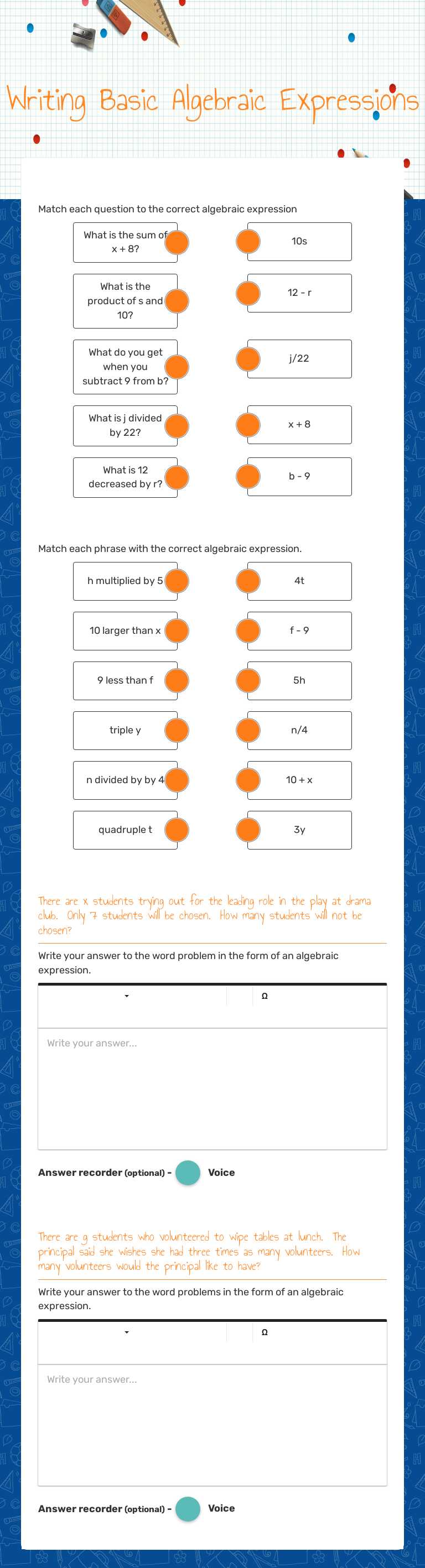 Writing Basic Algebraic Expressions worksheet preview image