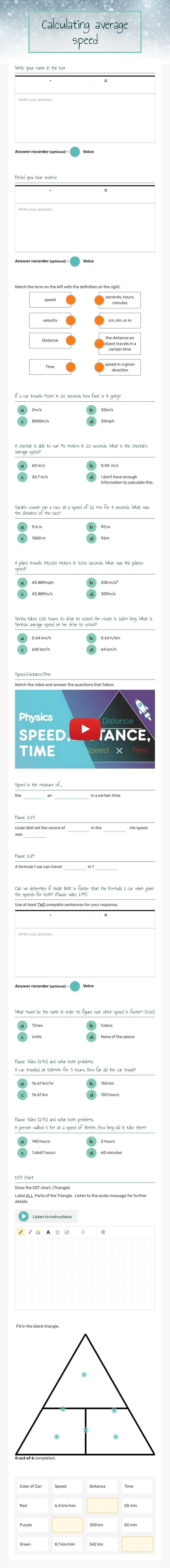 Calculating average speed worksheet preview image