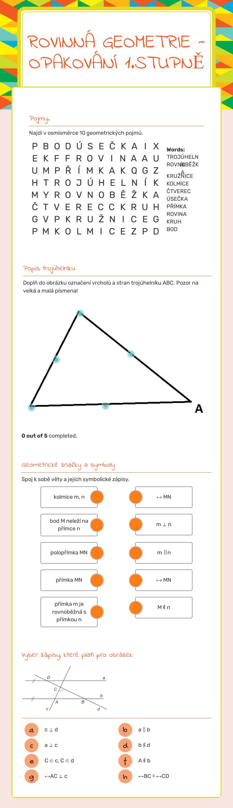 Rovinná geometrie 
- opakování 1.stupně worksheet preview image