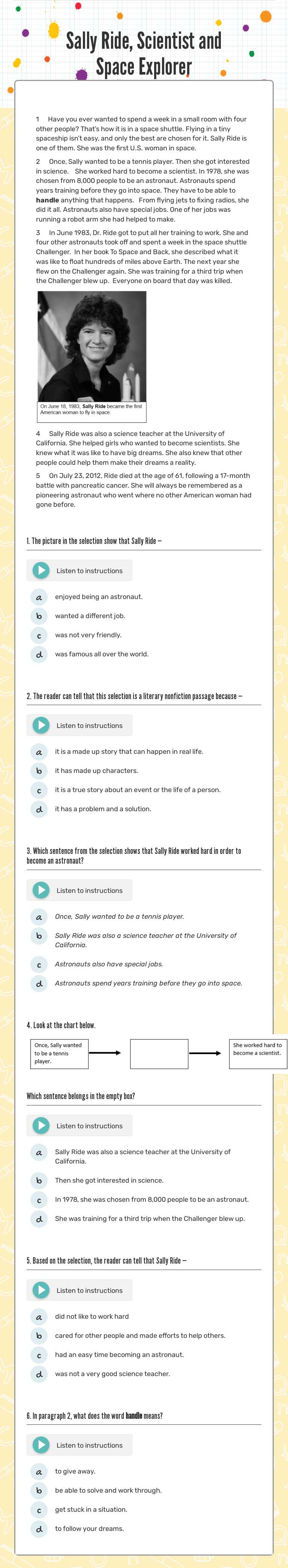 Sally Ride, Scientist and Space Explorer Grade 4 worksheet preview