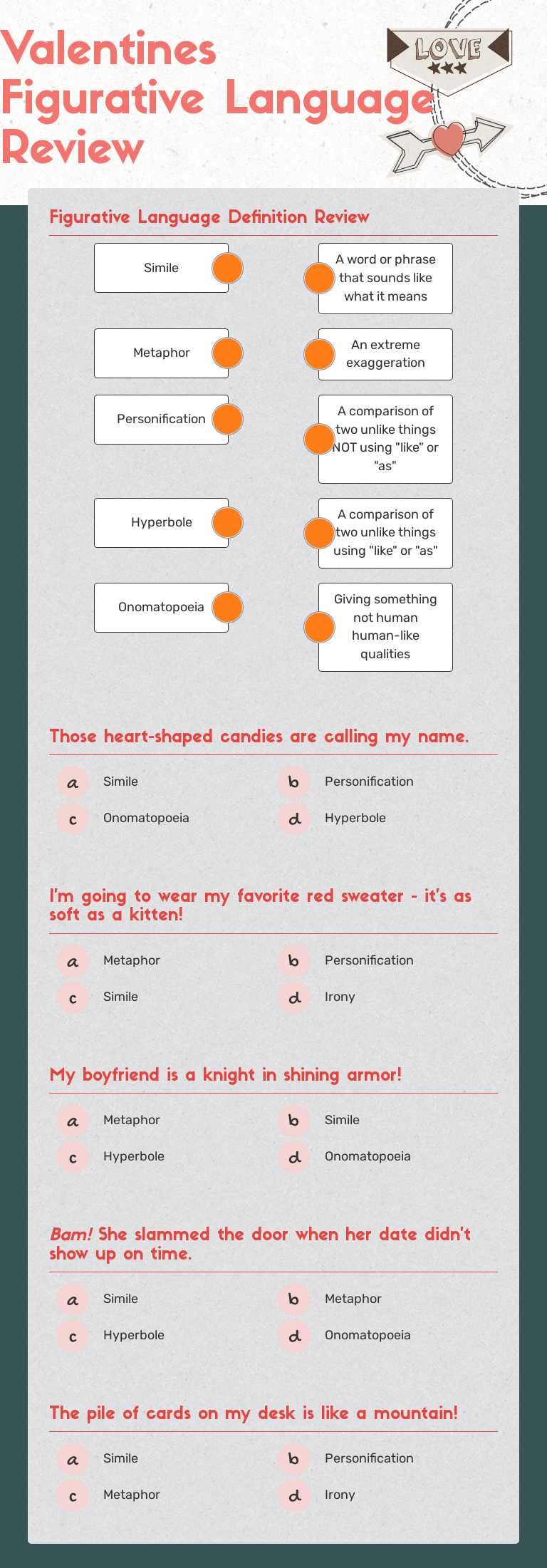 Valentines Figurative Language Review worksheet preview image