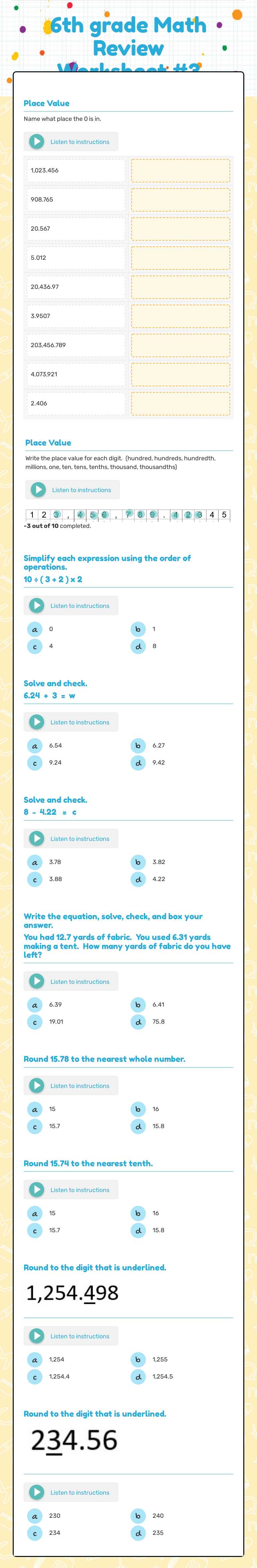 6th grade Math Review Worksheet #3 worksheet preview image