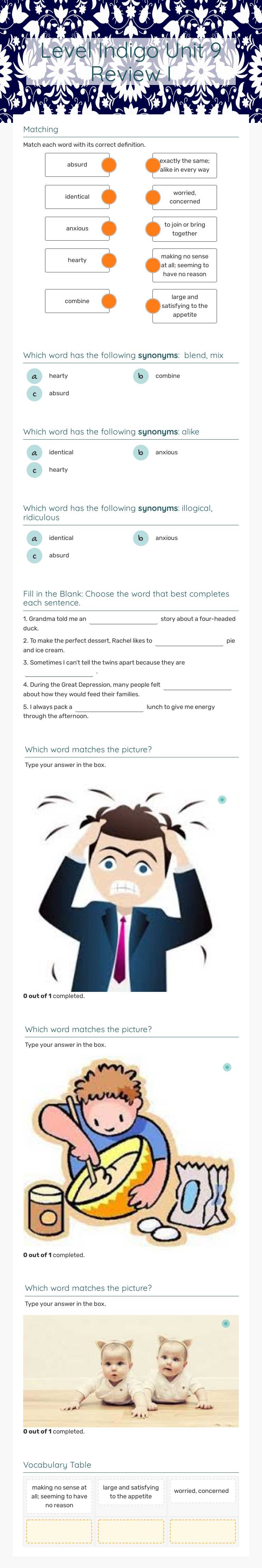 Level Indigo Unit 9   Review I worksheet preview image