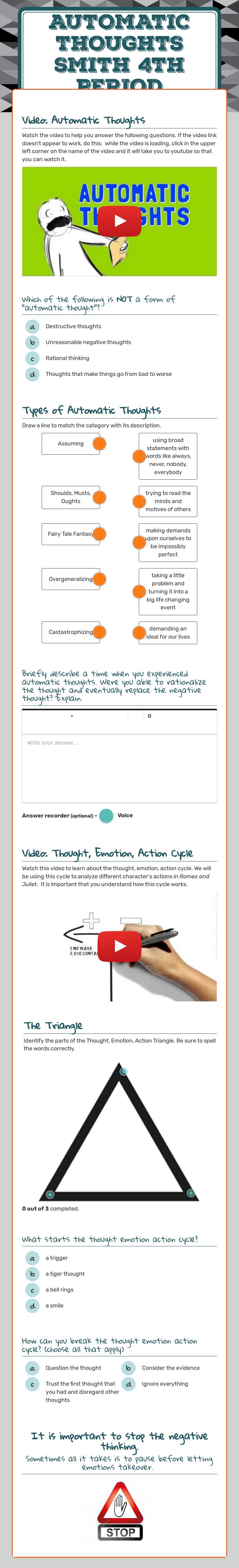 Automatic Thoughts Smith 4th Period worksheet preview image