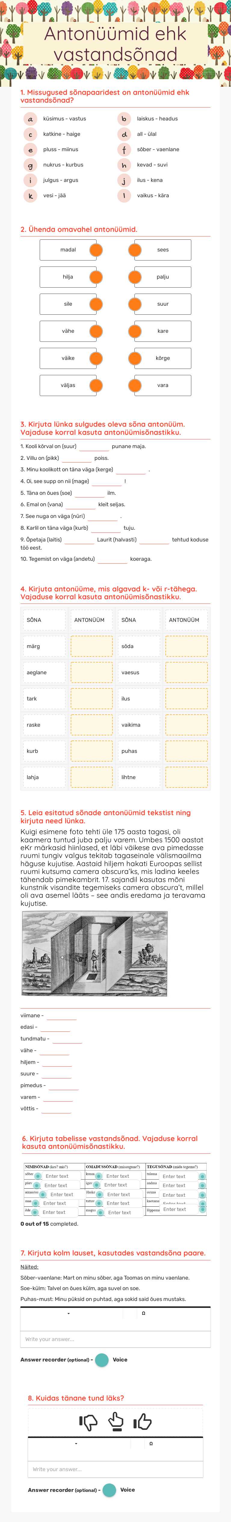 Antonüümid ehk vastandsõnad worksheet preview image