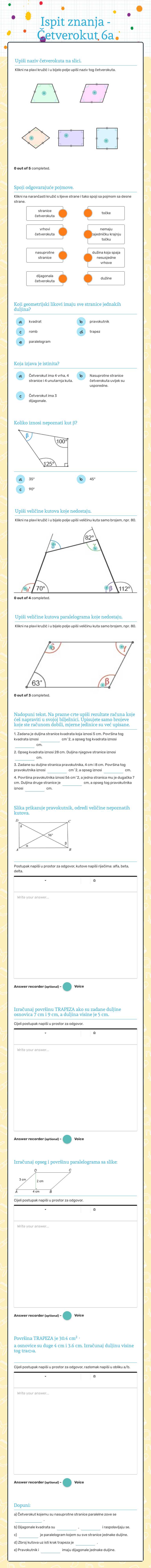 Ispit znanja -  Četverokut 6a worksheet preview image