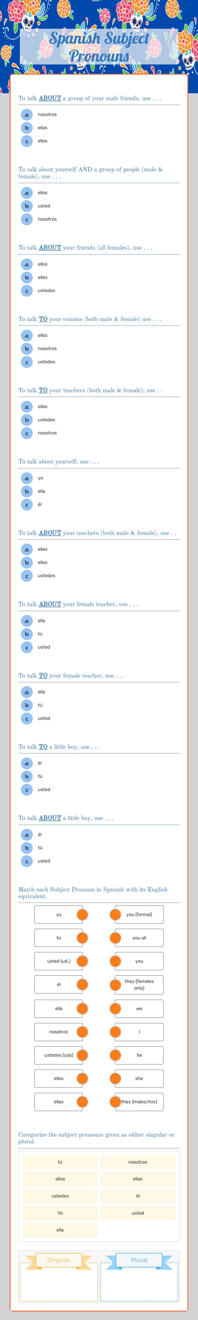 Spanish Subject Pronouns worksheet preview image