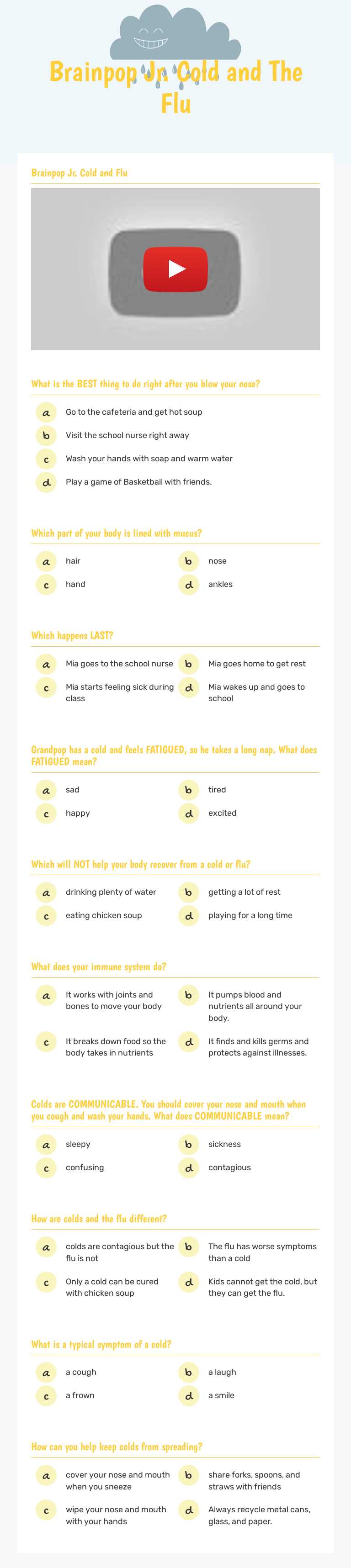 Brainpop Jr. Cold and The Flu worksheet preview image