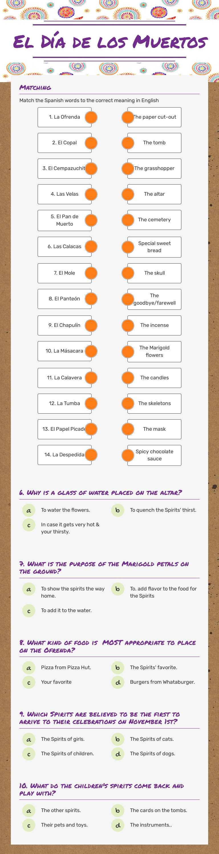 El Día de los Muertos worksheet preview image