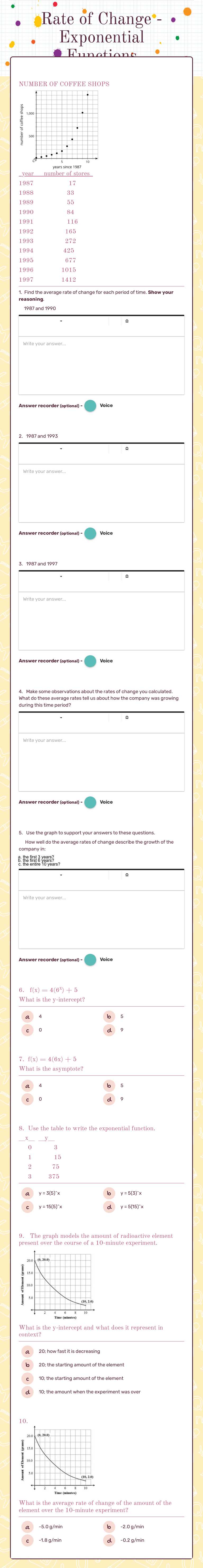 Rate of Change - Exponential Functions worksheet preview image