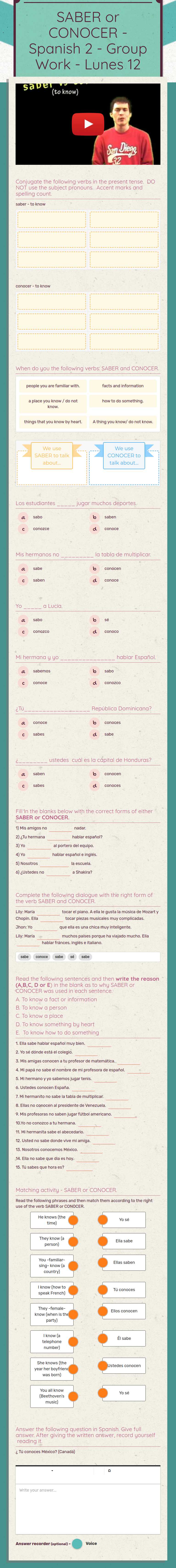 SABER or CONOCER
- Spanish 2 - Group Work - Lunes 12 worksheet preview image