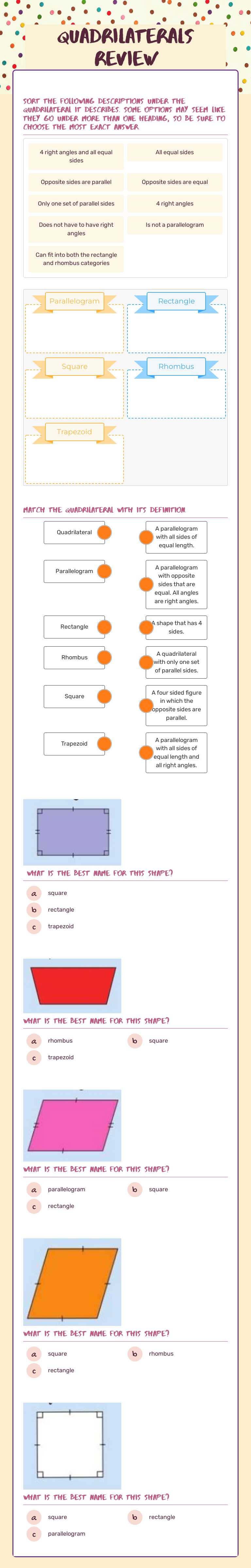 quadrilaterals Review worksheet preview image