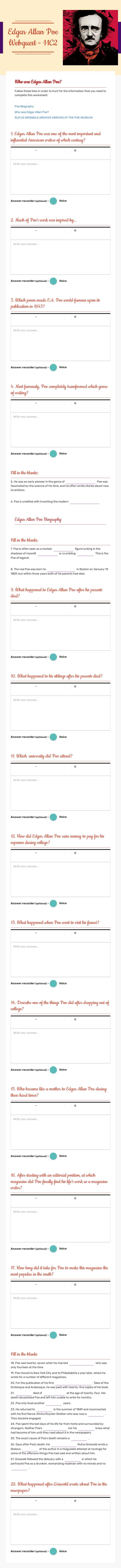 Edgar Allan Poe Webquest - 11C2 worksheet preview image