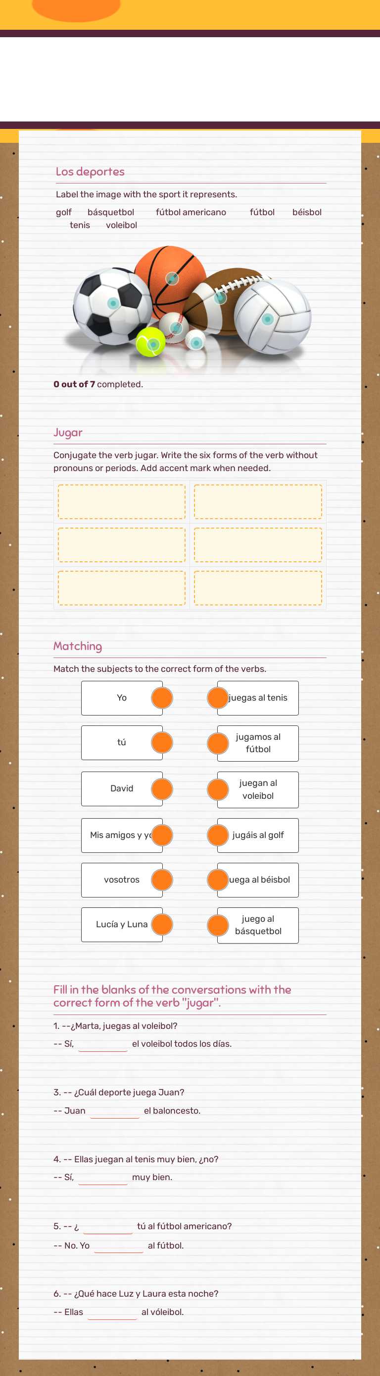 jugar y los deportes Grade 6 worksheet preview
