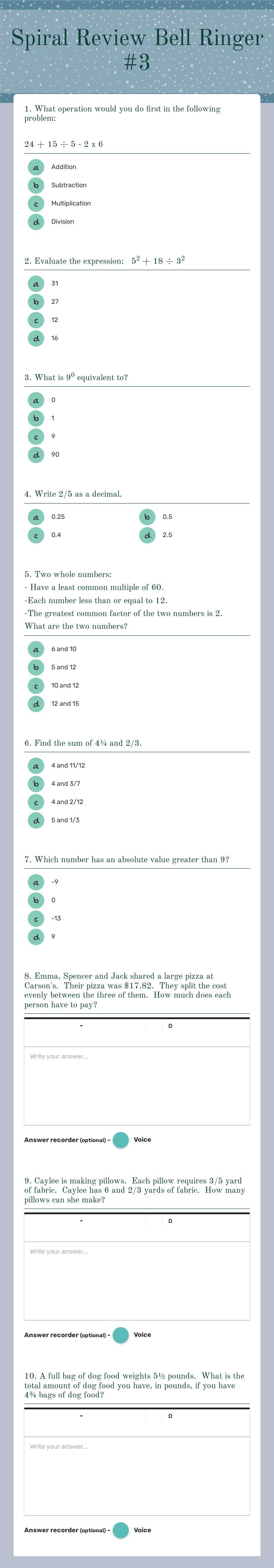 Spiral Review Bell Ringer #3 Grade 6 worksheet preview