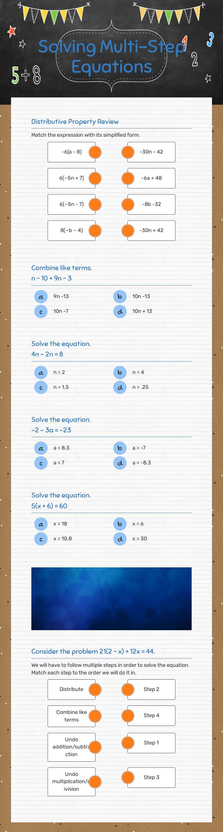 Solving Multi-Step Equations worksheet preview image