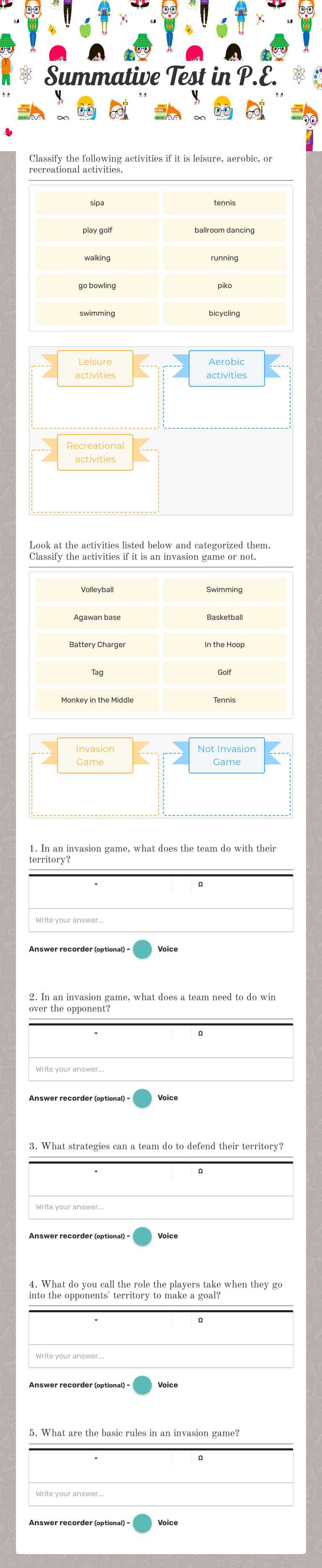 Summative Test in P.E. worksheet preview