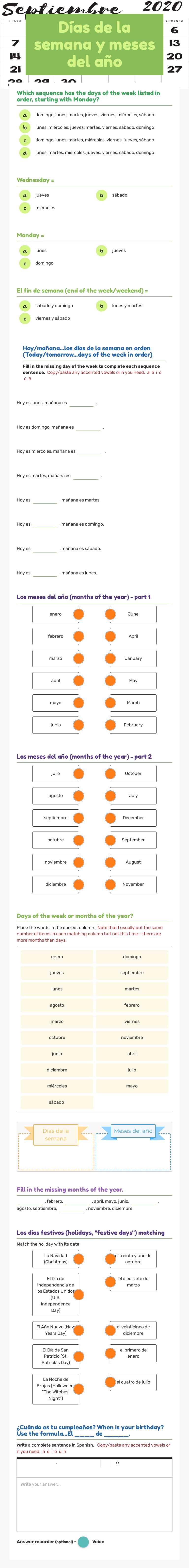 Días de la semana y meses del año worksheet preview image