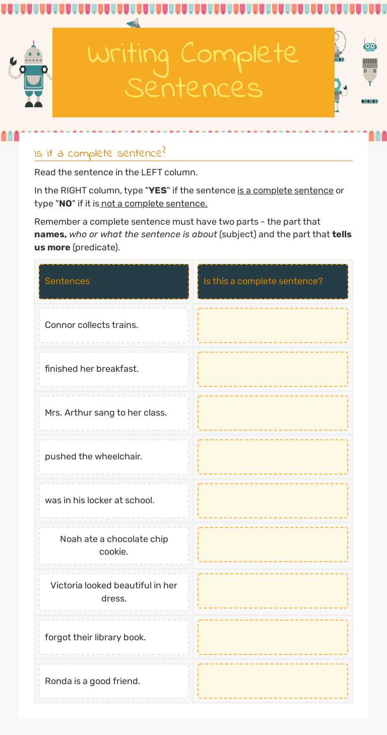 Writing Complete Sentences Grade 1 worksheet preview