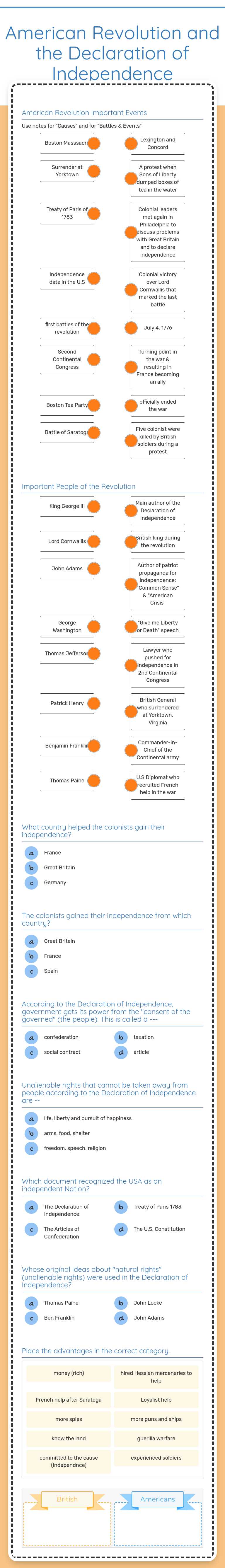 American Revolution and the Declaration of Independence worksheet preview image