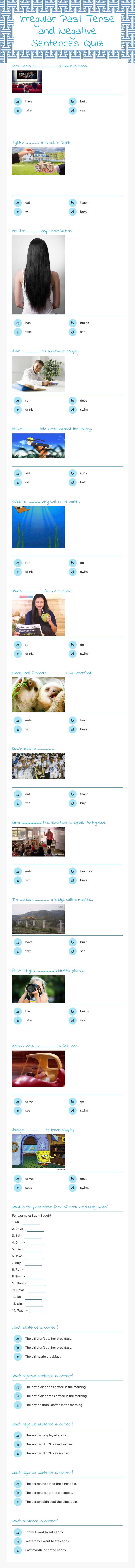 Irregular Past Tense and Negative Sentences Quiz worksheet preview image