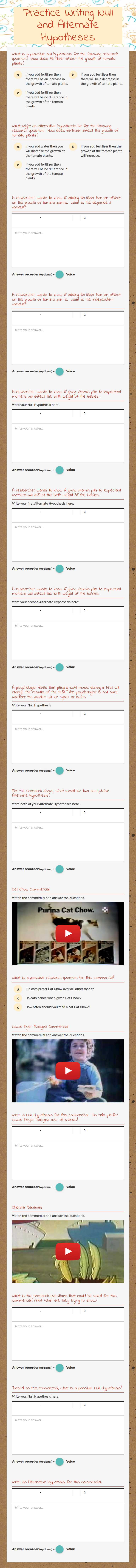 Practice Writing Null and Alternate Hypotheses worksheet preview image