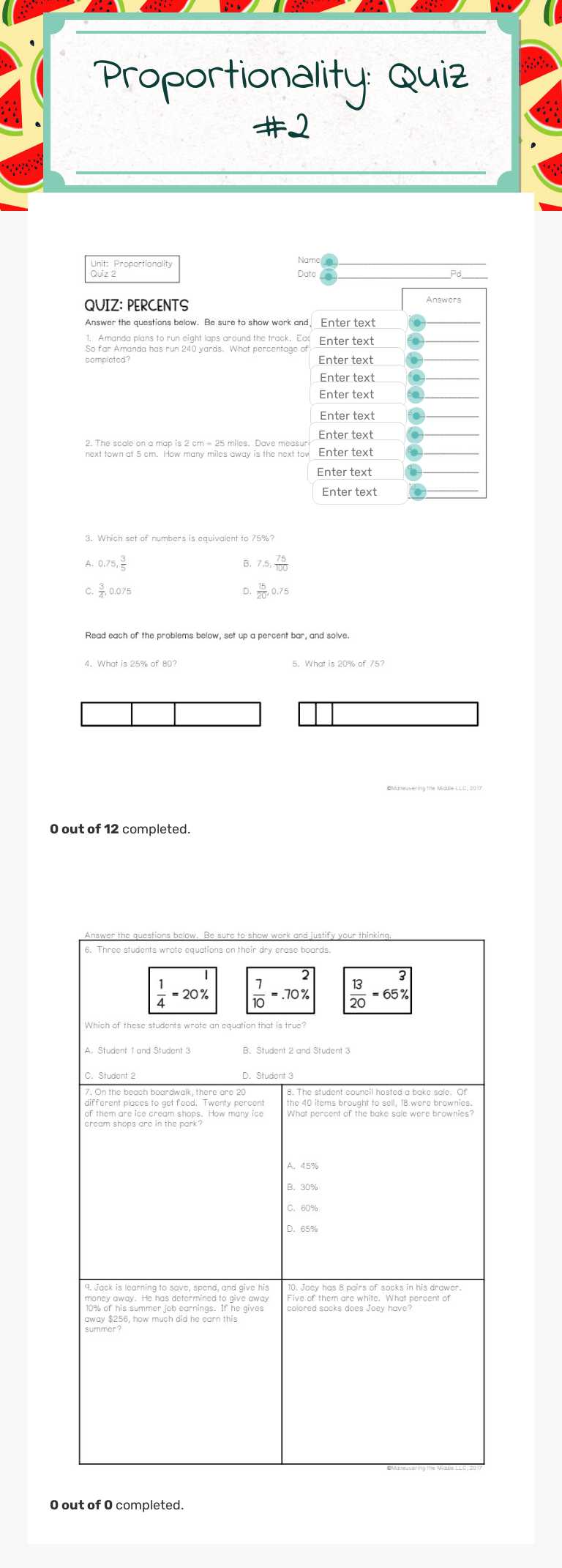 Proportionality: Quiz #2 Grade 7 worksheet preview