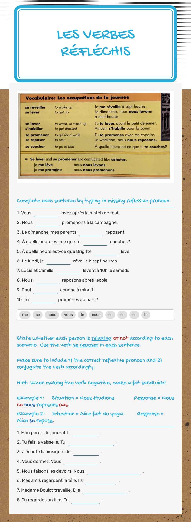 Les Verbes Réfléchis worksheet preview image