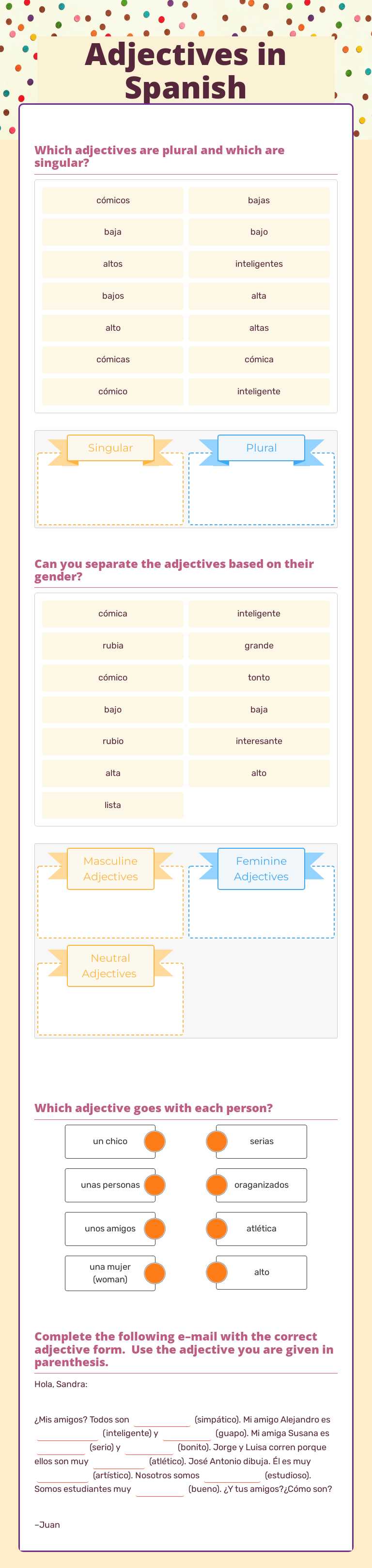Adjectives in Spanish Grade 10 worksheet preview