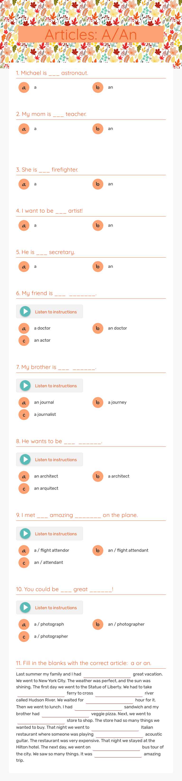 Articles: A/An Grade 5 worksheet preview