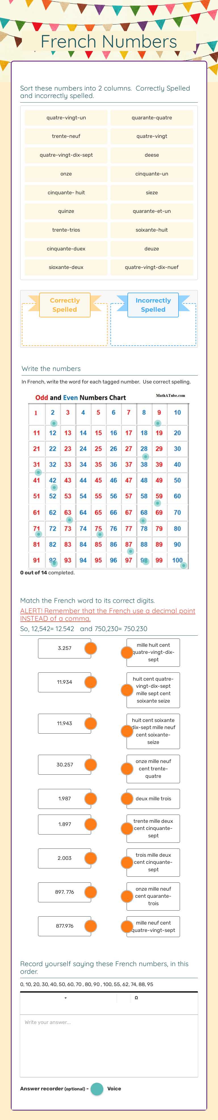 French Numbers worksheet preview image