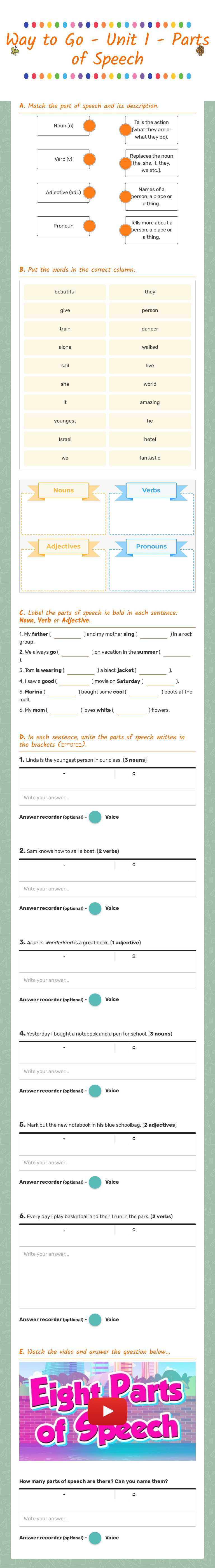 Way to Go - Unit 1 -                  Parts of Speech Grade 7 worksheet preview
