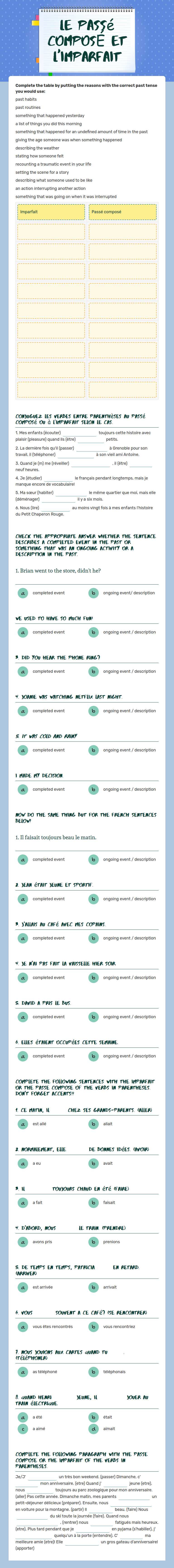 lE Passé COMPOSÉ ET L'IMPARFAIT worksheet preview image
