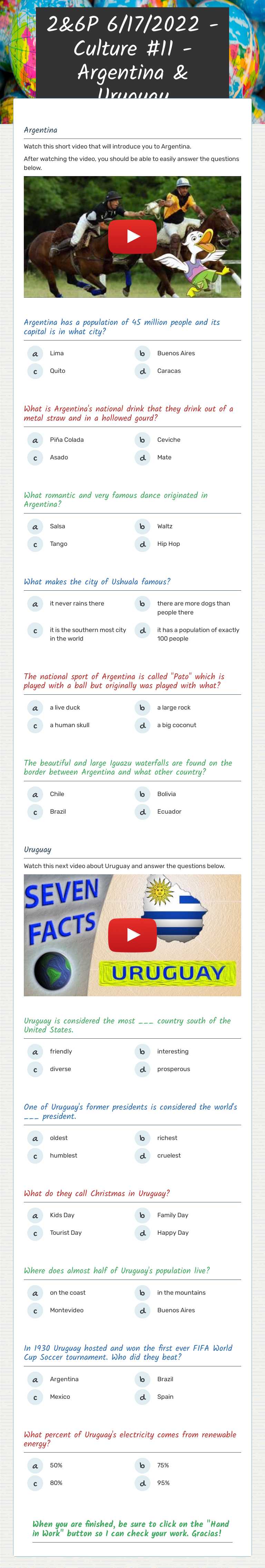 3&7P 5/14/2025 - Culture #11 - Argentina & Uruguay Grade 7 worksheet preview