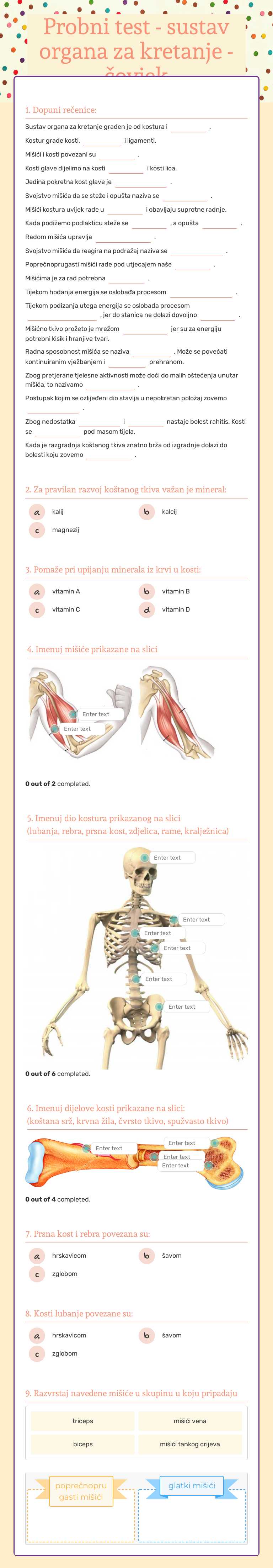 Probni test - sustav organa za kretanje - čovjek Grade 7 worksheet preview