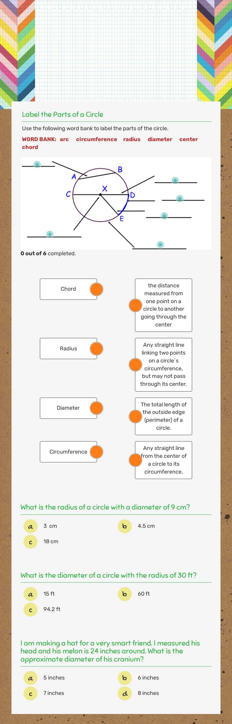 Parts of a Circle Grade 5 worksheet preview