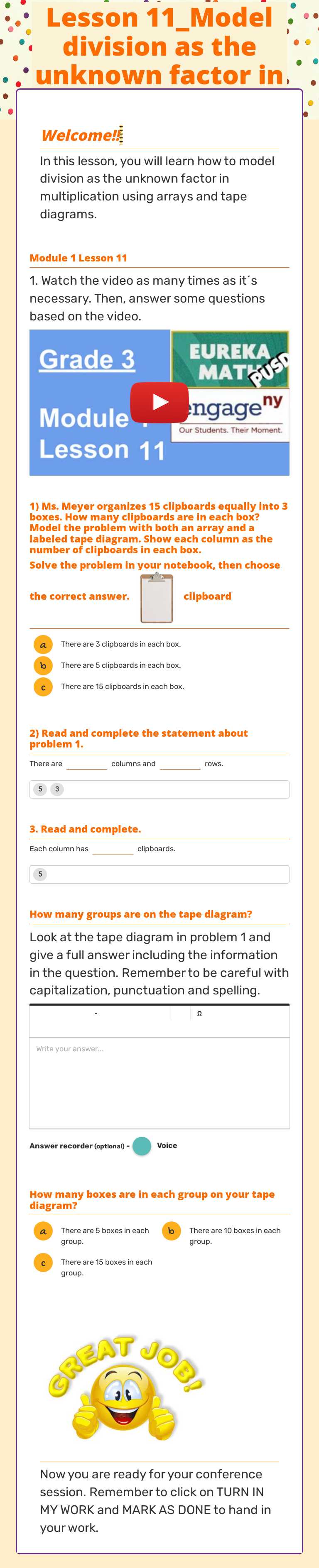 Lesson 11_Model division as the unknown factor in multiplication worksheet preview image