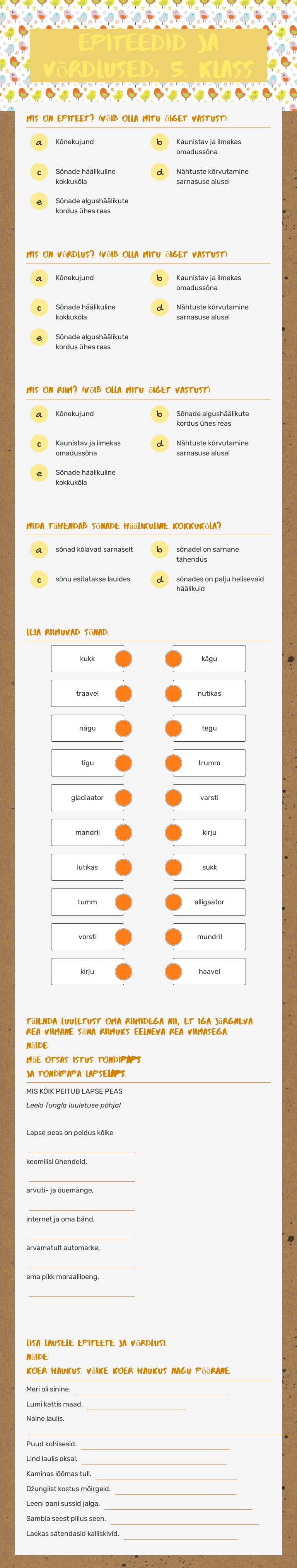 epiteedid ja võrdlused; 5. klass worksheet preview image