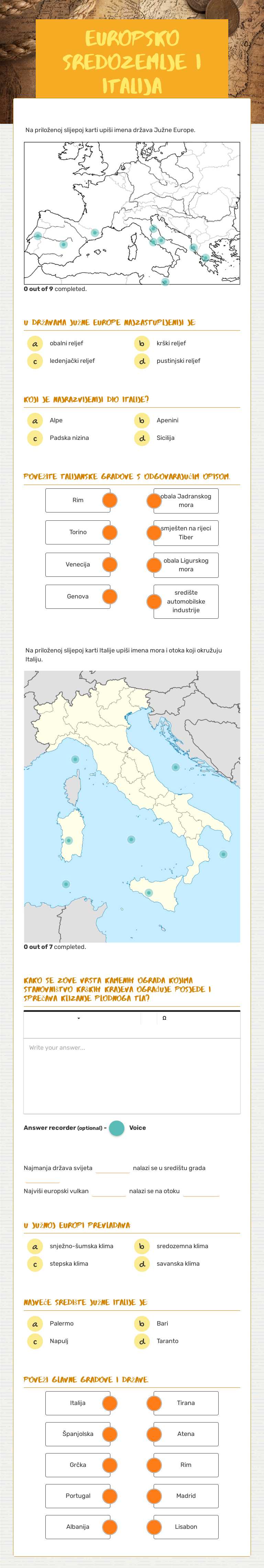 Europsko Sredozemlje i Italija worksheet preview image