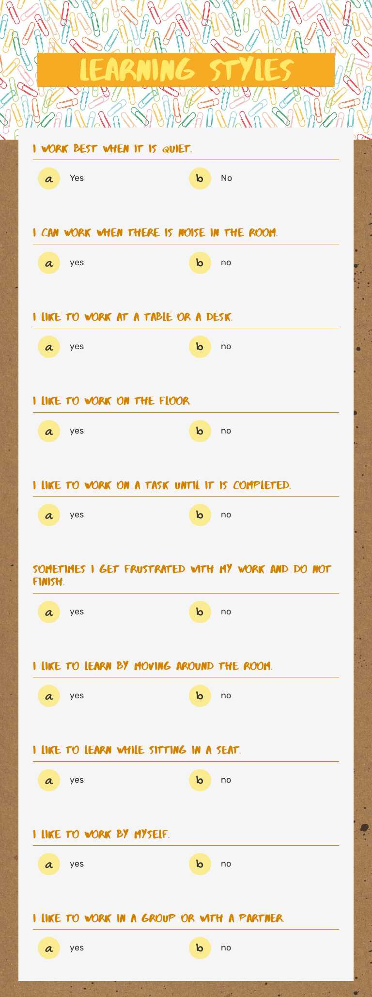 Learning styles worksheet preview image