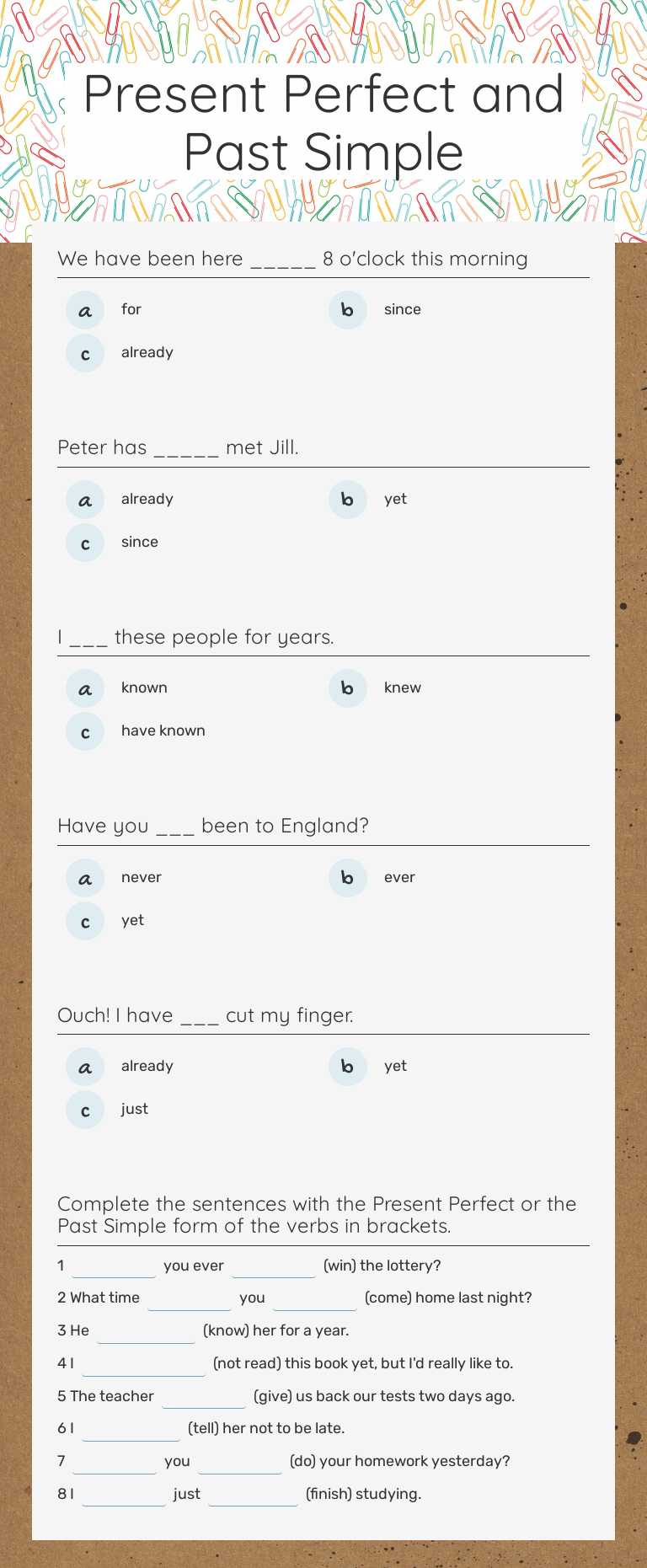 Present Perfect and Past Simple Grade 7 worksheet preview