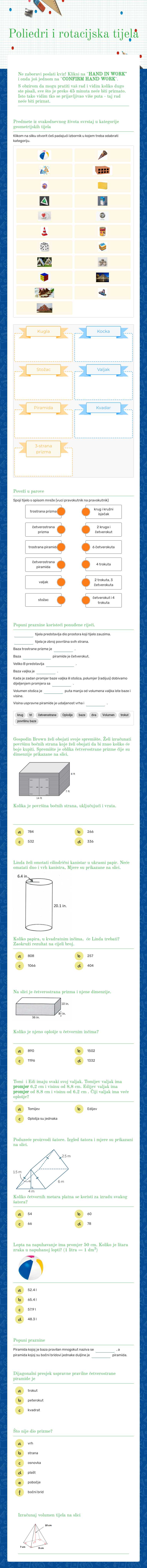 Poliedri i rotacijska tijela worksheet preview image
