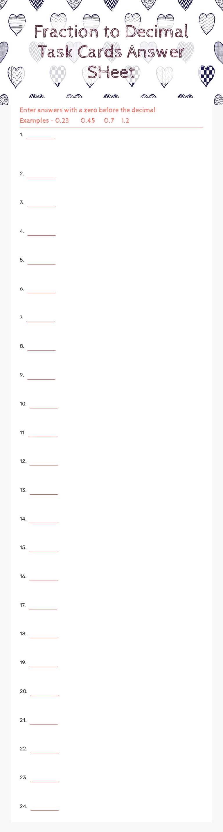 Fraction to Decimal Task Cards Answer SHeet worksheet preview image