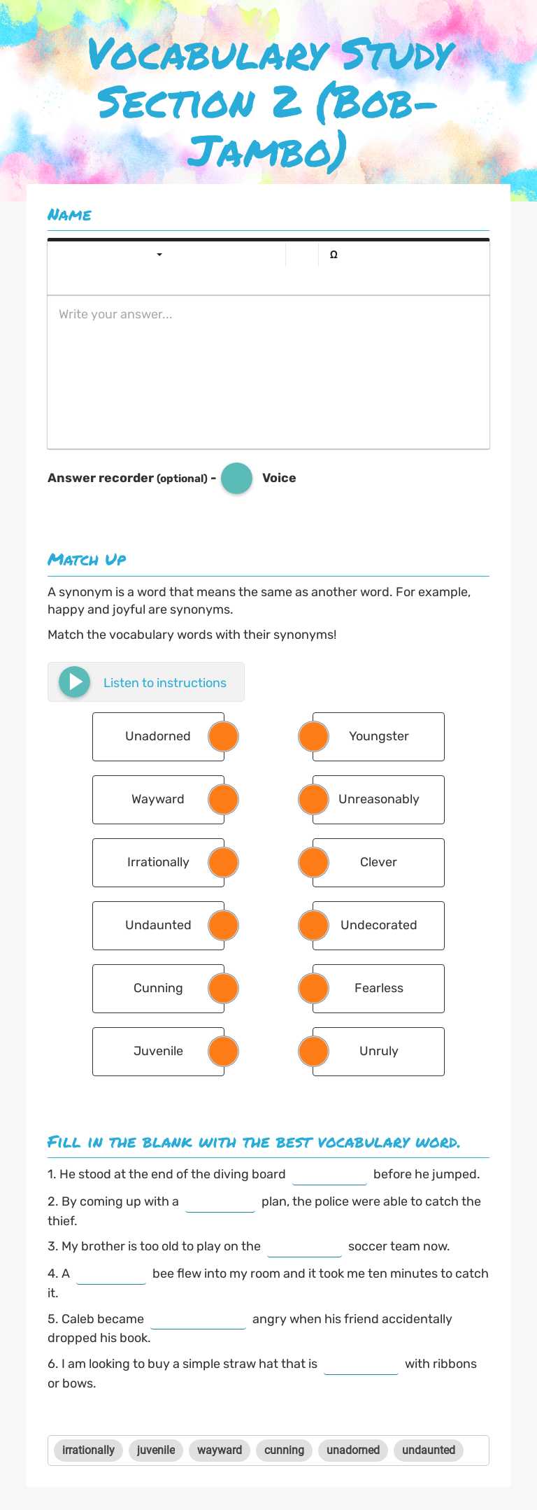 Vocabulary Study Section 2 (Bob-Jambo) Grade 4 worksheet preview