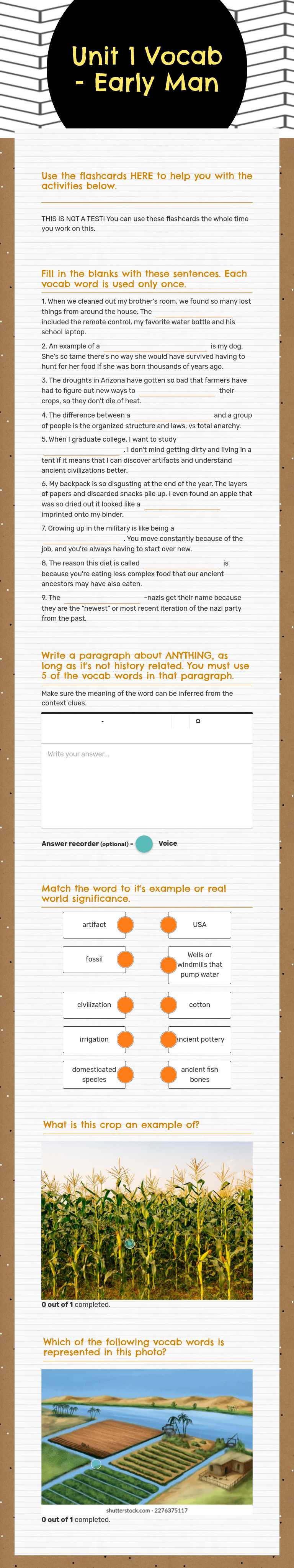 Unit 1 Vocab - Early Man worksheet preview image