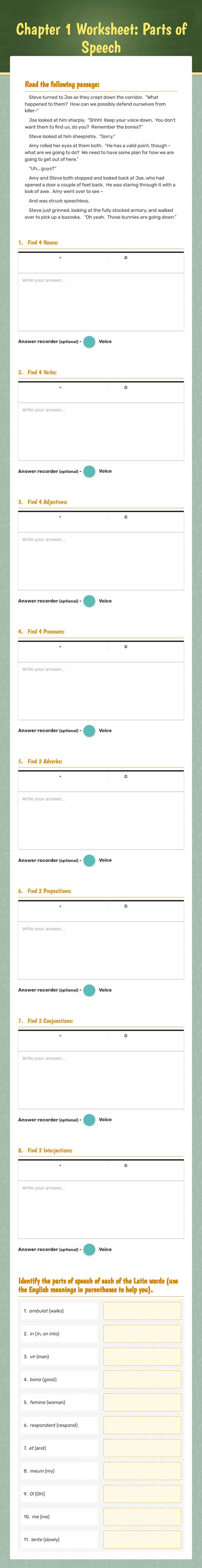 Chapter 1 Worksheet:  Parts of Speech worksheet preview image