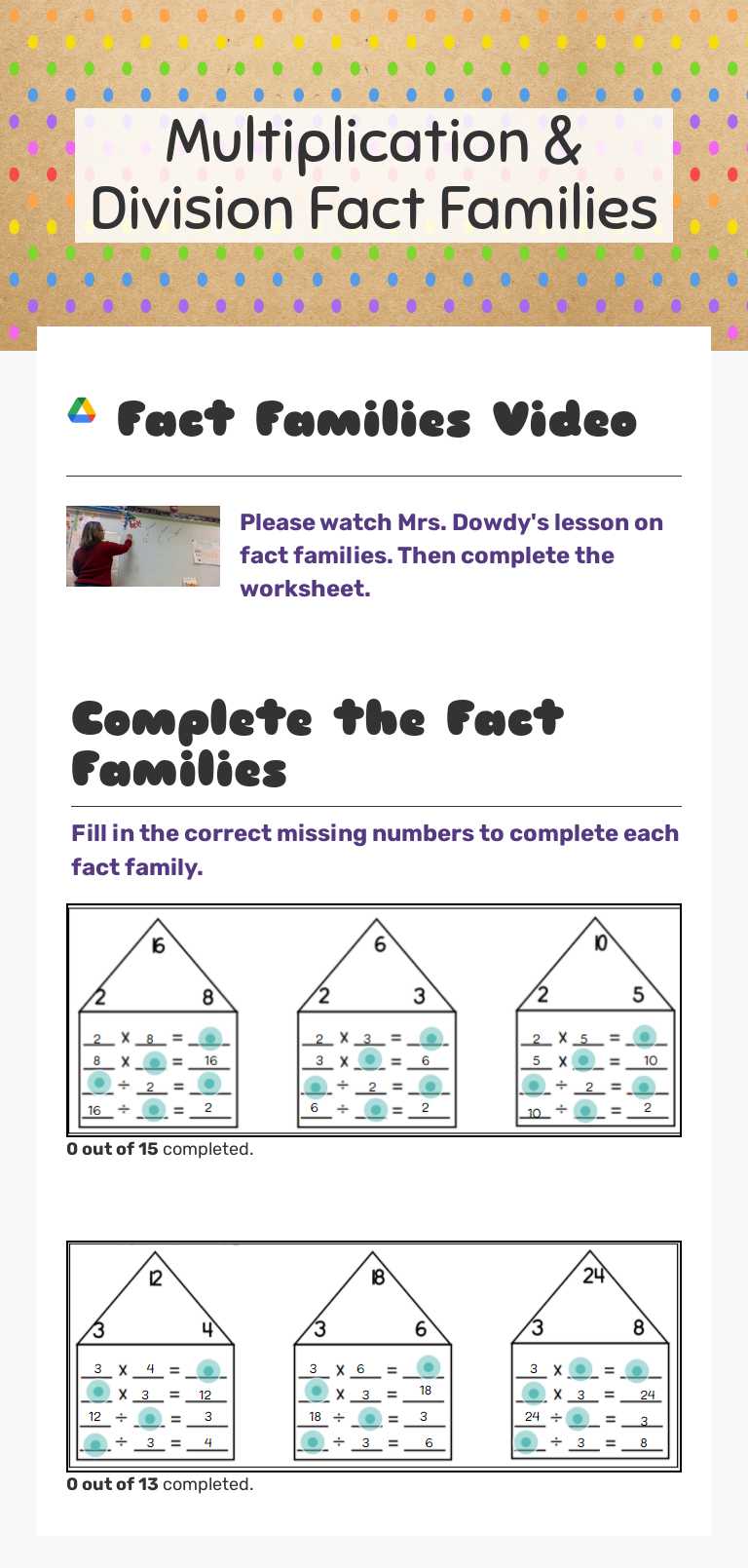 Multiplication & Division Fact Families worksheet preview image